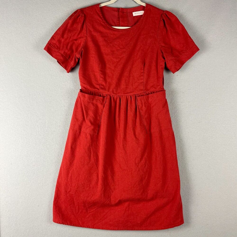 Roolee Linen Blend Dress Womens XS Burnt Red Pocket Modest Minimal Simple Chic